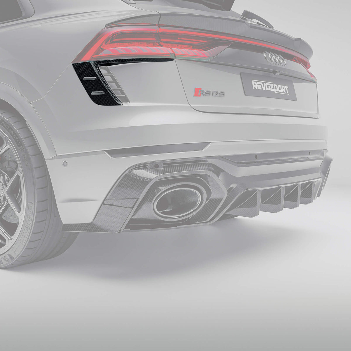 RevoZport Audi RSQ8 Pre-LCI carbon fibre rear bumper canards rear angle