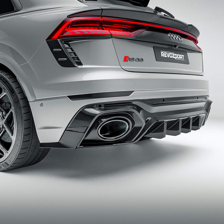 RevoZport Audi RSQ8 Pre-LCI carbon fibre rear bumper canards fitted