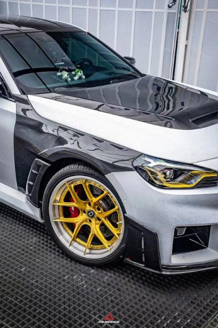 AE Design BMW M2 G87 V2 dry carbon fibre side fenders fitted