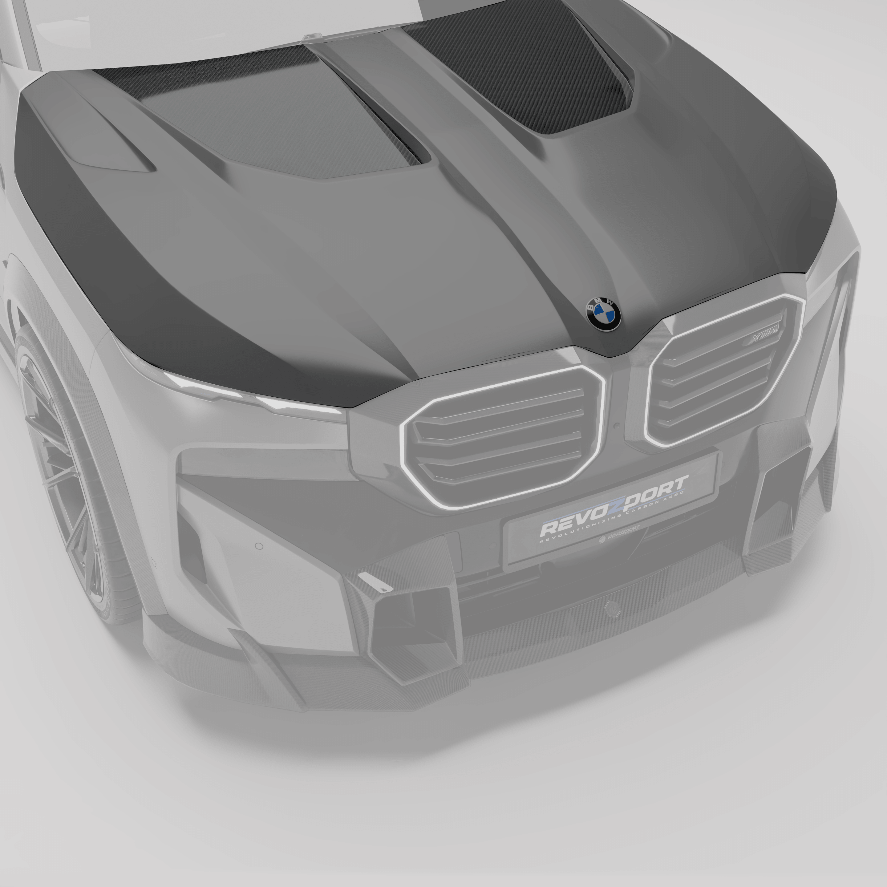 RevozPort BMW XM G09 carbon fibre bonnet front angle