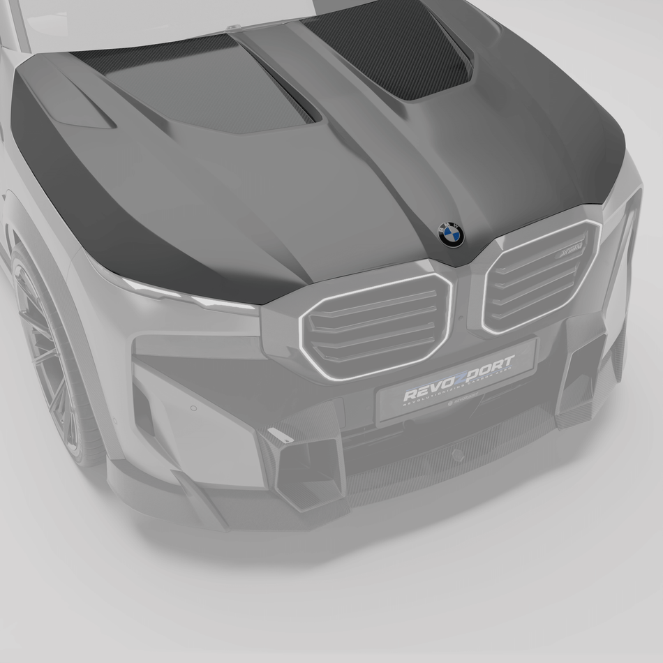 RevozPort BMW XM G09 carbon fibre bonnet front angle