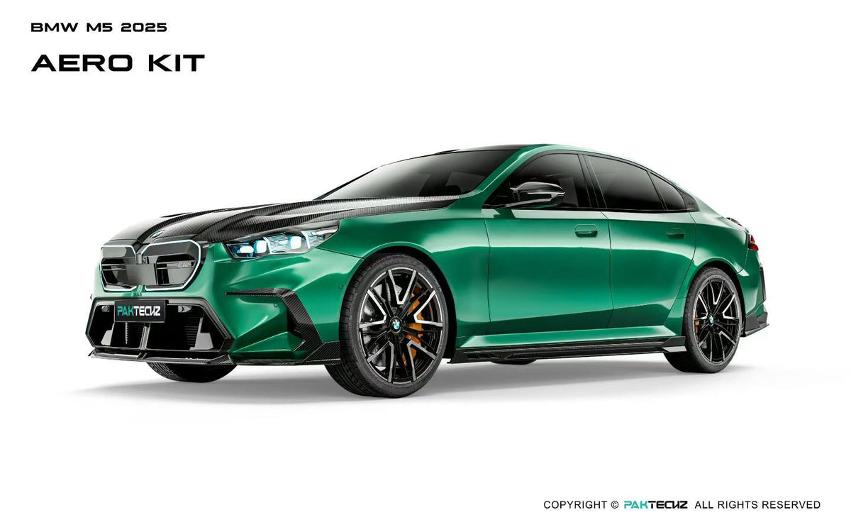 Green BMW M5 G90 car with aerodynamic CARBON kit on a white background