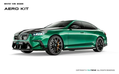 Green BMW M5 G90 car with aerodynamic CARBON kit on a white background