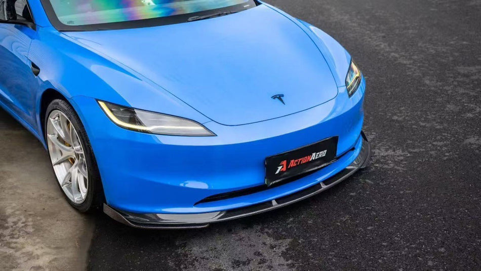 AE DESIGN - ACTION AERO TESLA MODEL 3 HIGHLAND 2024+ DRY CARBON FIBRE FRONT LIP & SPLITTER - Aero Carbon UK