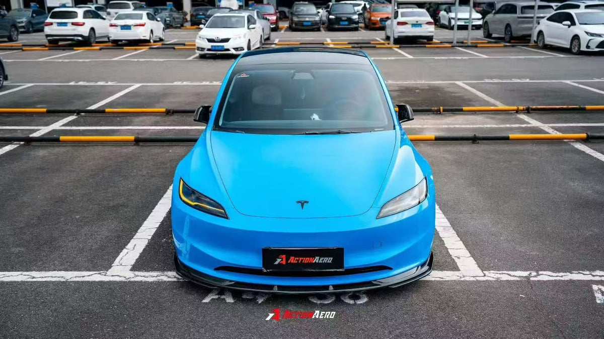 AE DESIGN - ACTION AERO TESLA MODEL 3 HIGHLAND 2024+ DRY CARBON FIBRE FRONT LIP & SPLITTER - Aero Carbon UK