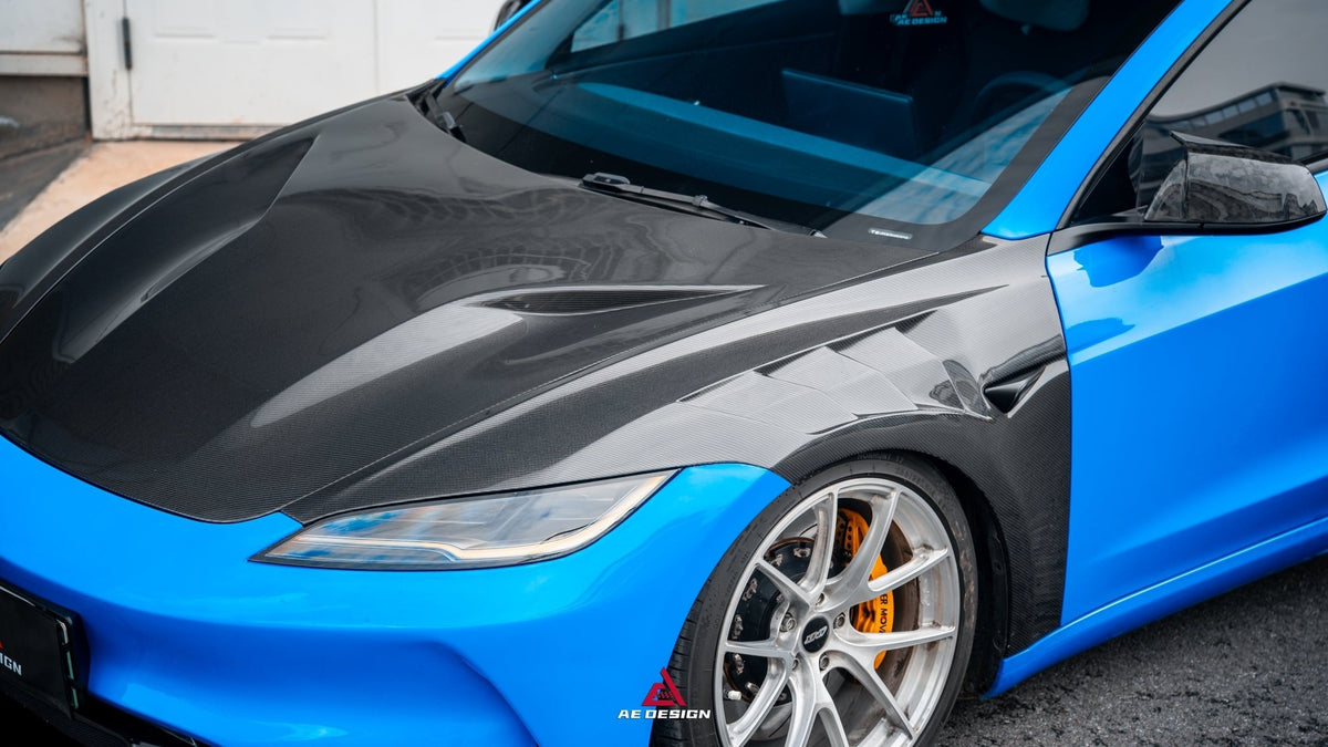 AE DESIGN - ACTION AERO TESLA MODEL 3 HIGHLAND / PERFORMANCE 2024+ CARBON FIBRE HOOD BONNET - Aero Carbon UK