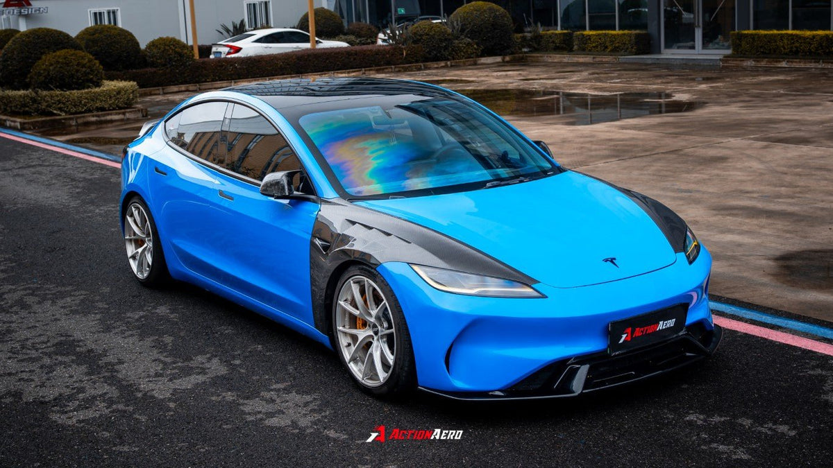 AE DESIGN - ACTION AERO TESLA MODEL 3 HIGHLAND / PERFORMANCE 2024+ DRY CARBON FIBRE FRONT FENDERS - Aero Carbon UK