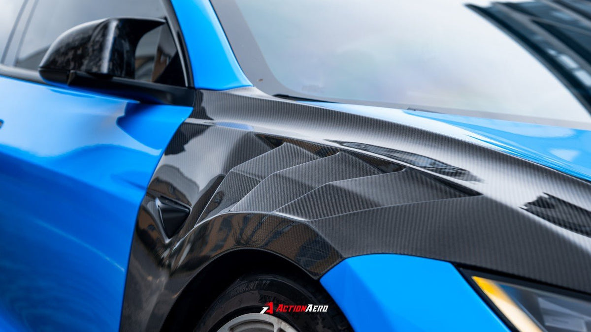 AE DESIGN - ACTION AERO TESLA MODEL 3 HIGHLAND / PERFORMANCE 2024+ DRY CARBON FIBRE FRONT FENDERS - Aero Carbon UK