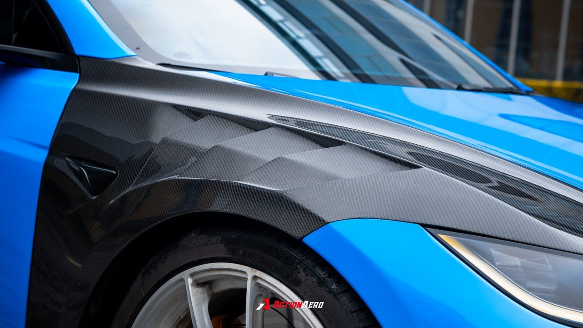 AE DESIGN - ACTION AERO TESLA MODEL 3 HIGHLAND / PERFORMANCE 2024+ DRY CARBON FIBRE FRONT FENDERS - Aero Carbon UK