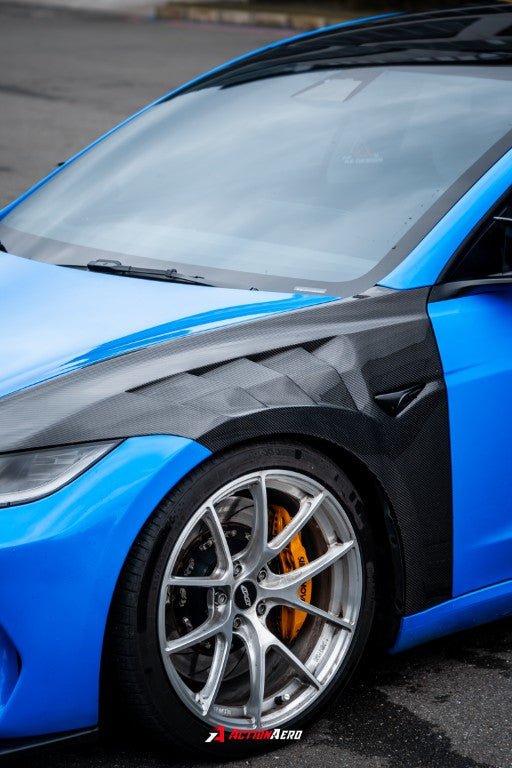 AE DESIGN - ACTION AERO TESLA MODEL 3 HIGHLAND / PERFORMANCE 2024+ DRY CARBON FIBRE FRONT FENDERS - Aero Carbon UK