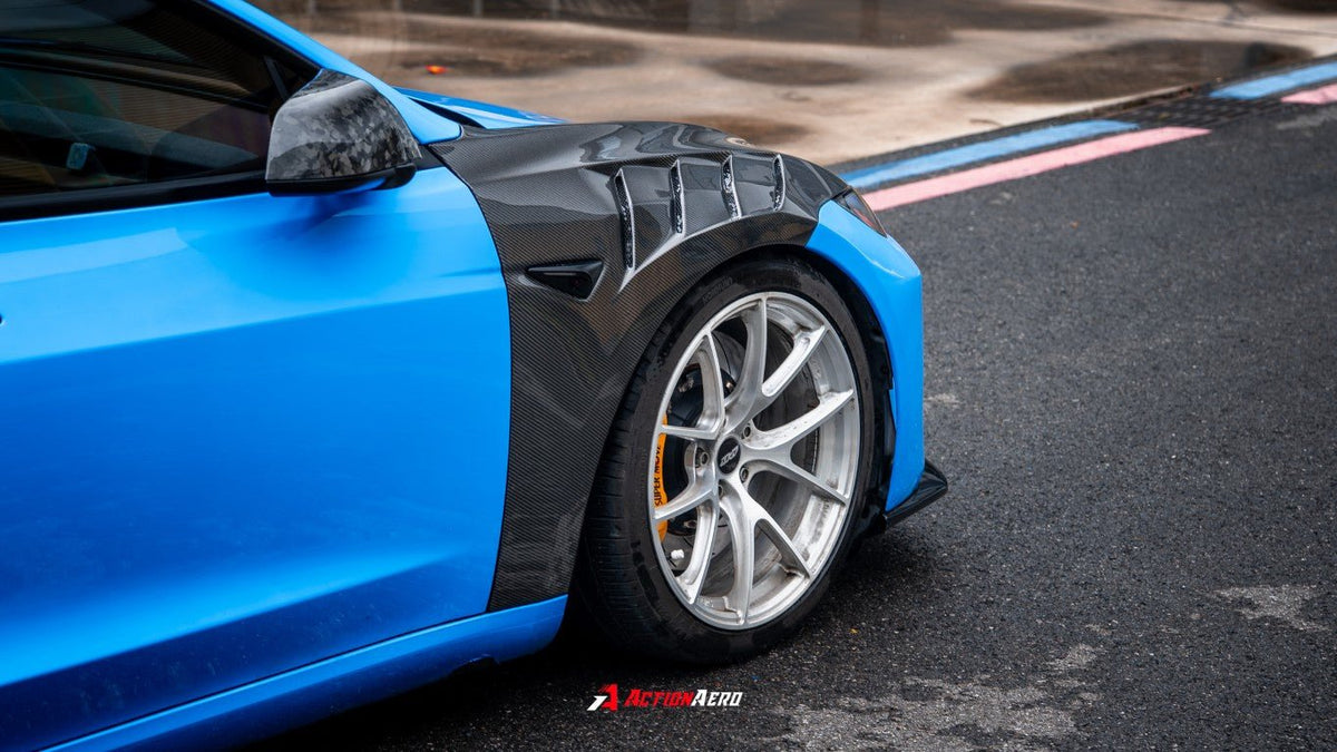AE DESIGN - ACTION AERO TESLA MODEL 3 HIGHLAND / PERFORMANCE 2024+ DRY CARBON FIBRE FRONT FENDERS - Aero Carbon UK