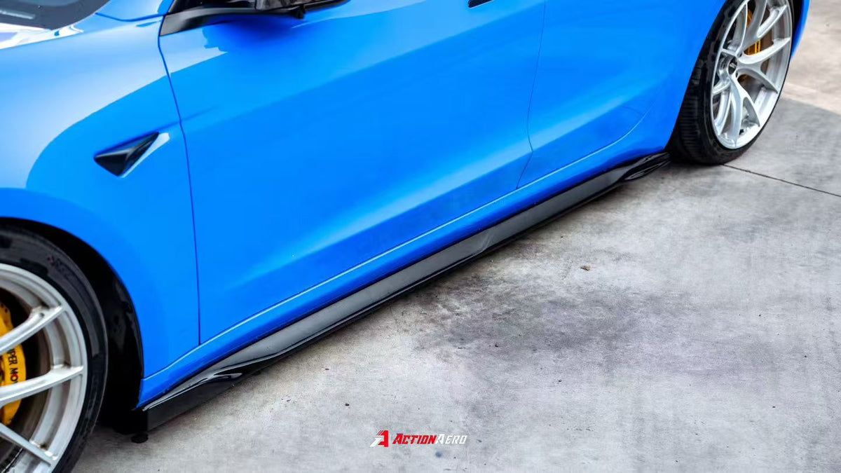 AE DESIGN - ACTION AERO TESLA MODEL 3 HIGHLAND / PERFORMANCE 2024+ DRY CARBON FIBRE SIDE SKIRTS - Aero Carbon UK
