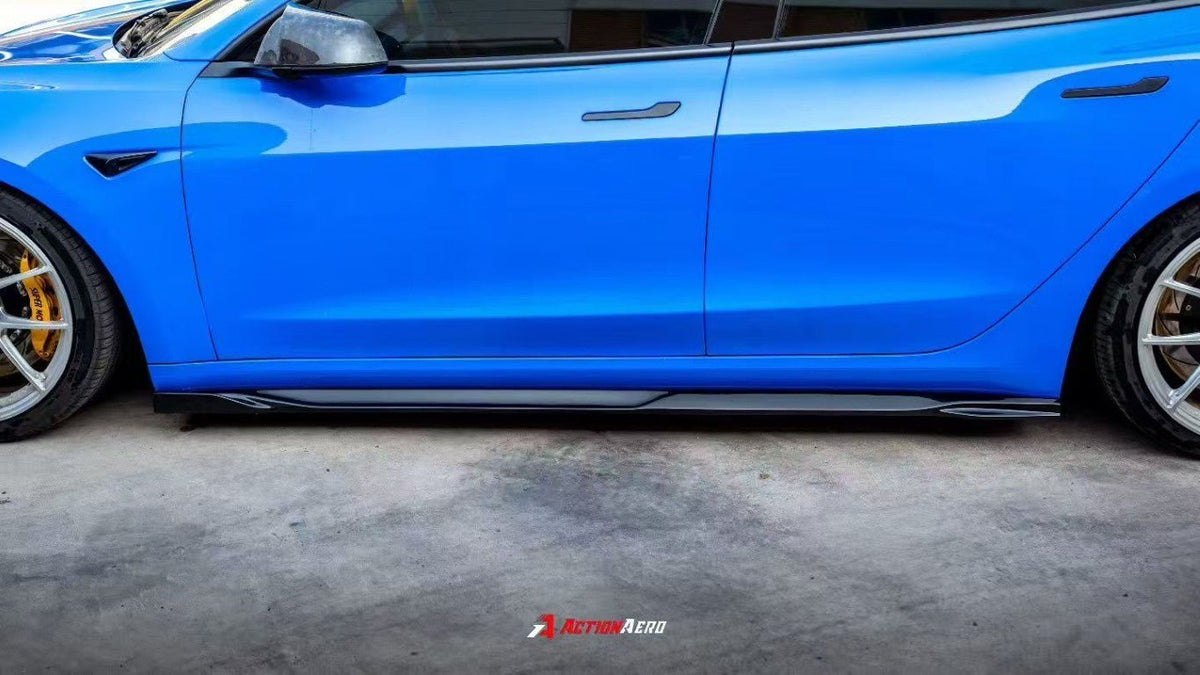 AE DESIGN - ACTION AERO TESLA MODEL 3 HIGHLAND / PERFORMANCE 2024+ DRY CARBON FIBRE SIDE SKIRTS - Aero Carbon UK