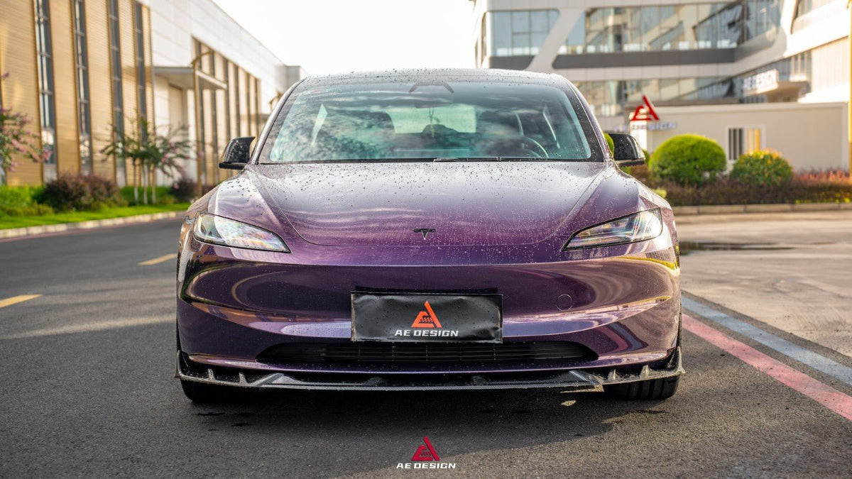 AE DESIGN - TESLA MODEL 3 HIGHLAND 2024+ DRY CARBON FIBRE FRONT LIP V2 - Aero Carbon UK