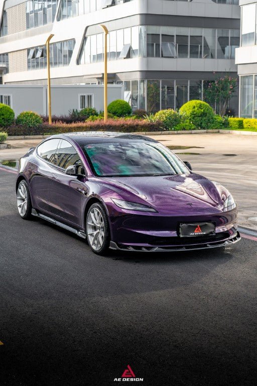 AE DESIGN - TESLA MODEL 3 HIGHLAND 2024+ DRY CARBON FIBRE FRONT LIP V2 - Aero Carbon UK