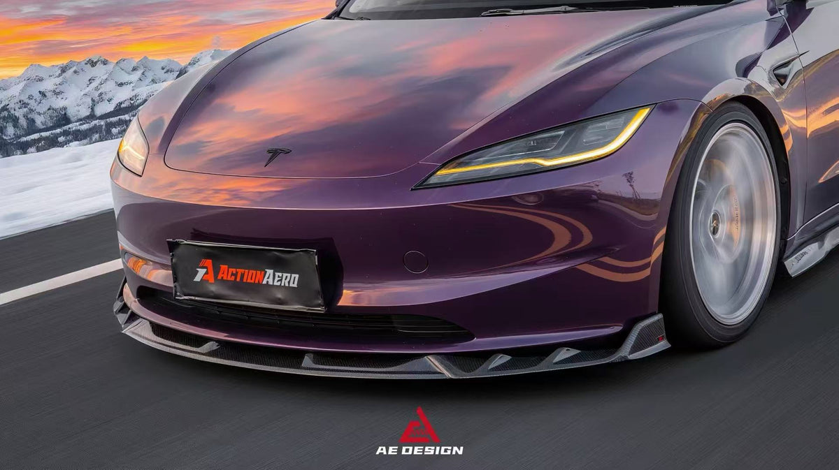 AE DESIGN - TESLA MODEL 3 HIGHLAND 2024+ DRY CARBON FIBRE FRONT LIP V2 - Aero Carbon UK
