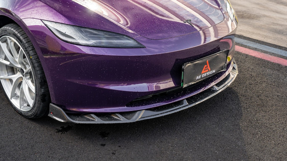 AE DESIGN - TESLA MODEL 3 HIGHLAND 2024+ DRY CARBON FIBRE FRONT LIP V2 - Aero Carbon UK