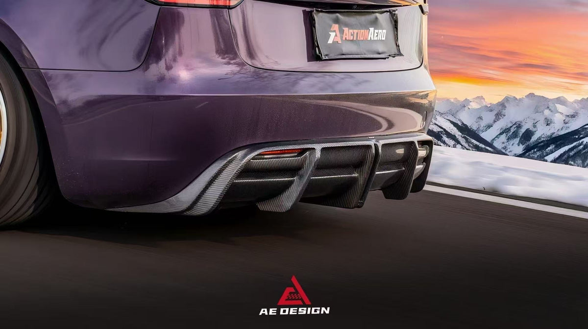 AE DESIGN - TESLA MODEL 3 HIGHLAND / PERFORMANCE 2024+ DRY CARBON FIBRE REAR DIFFUSER V2 - Aero Carbon UK