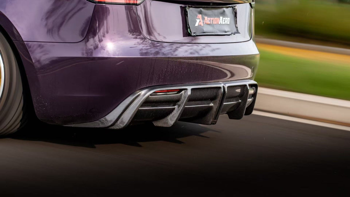 AE DESIGN - TESLA MODEL 3 HIGHLAND / PERFORMANCE 2024+ DRY CARBON FIBRE REAR DIFFUSER V2 - Aero Carbon UK
