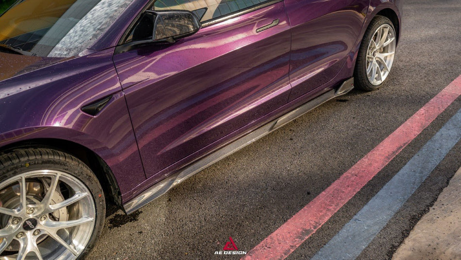 AE DESIGN - TESLA MODEL 3 HIGHLAND / PERFORMANCE 2024+ DRY CARBON FIBRE SIDE SKIRTS V2 - Aero Carbon UK