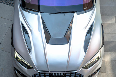 BCTXE Audi A5 S5 RS5 B9.5 carbon fibre vented hood bonnet fitted to silver RS5 Sportback, overhead view