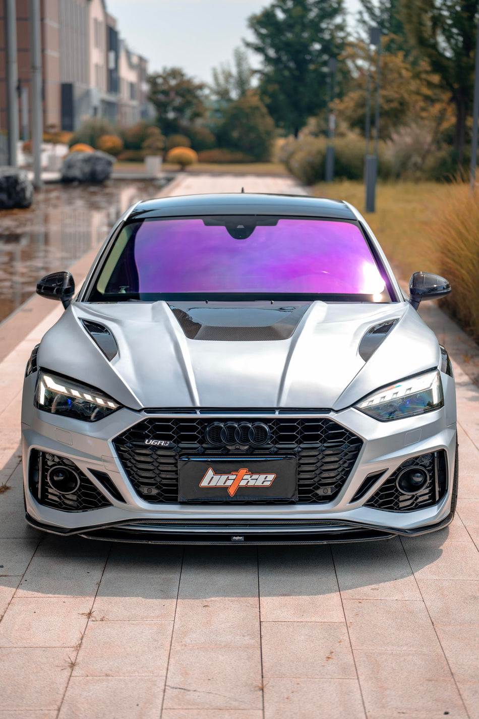 BCTXE Audi A5 S5 RS5 B9.5 carbon fibre bonnet, front view of silver RS5 Sportback