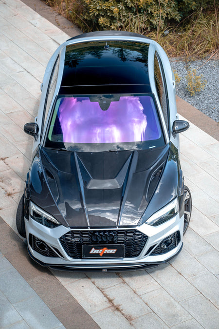 BCTXE Audi A5 S5 RS5 B9.5 exposed carbon fibre bonnet, overhead view on silver RS5 Sportback