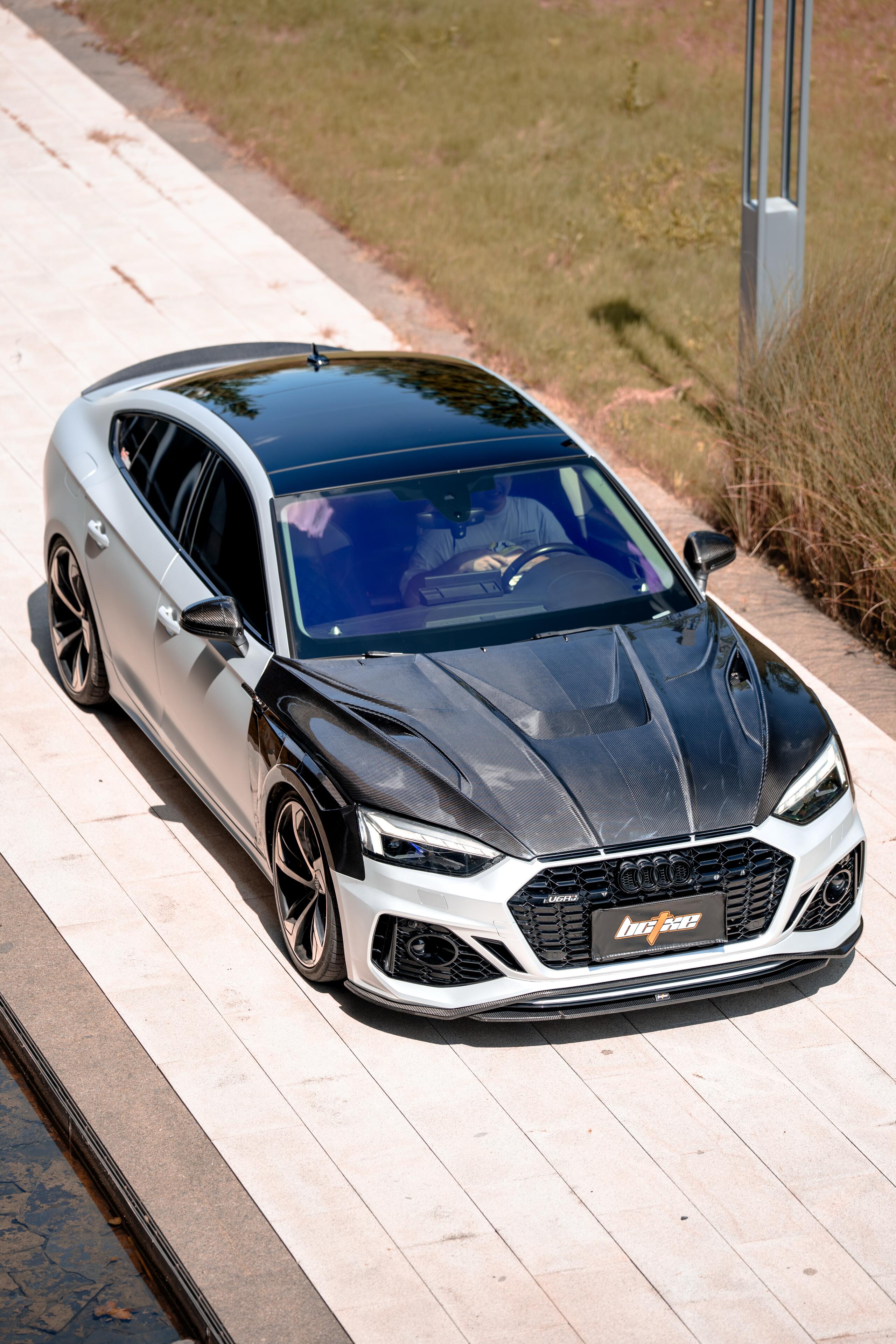 BCTXE Audi A5 S5 RS5 B9.5 exposed carbon bonnet with carbon front wings, high angle view