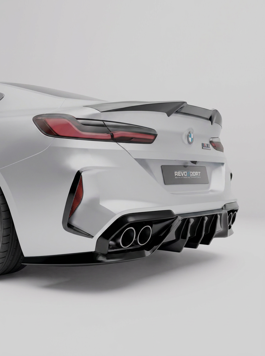 RevozPort BMW M8 F92 gloss black rear diffuser fitted