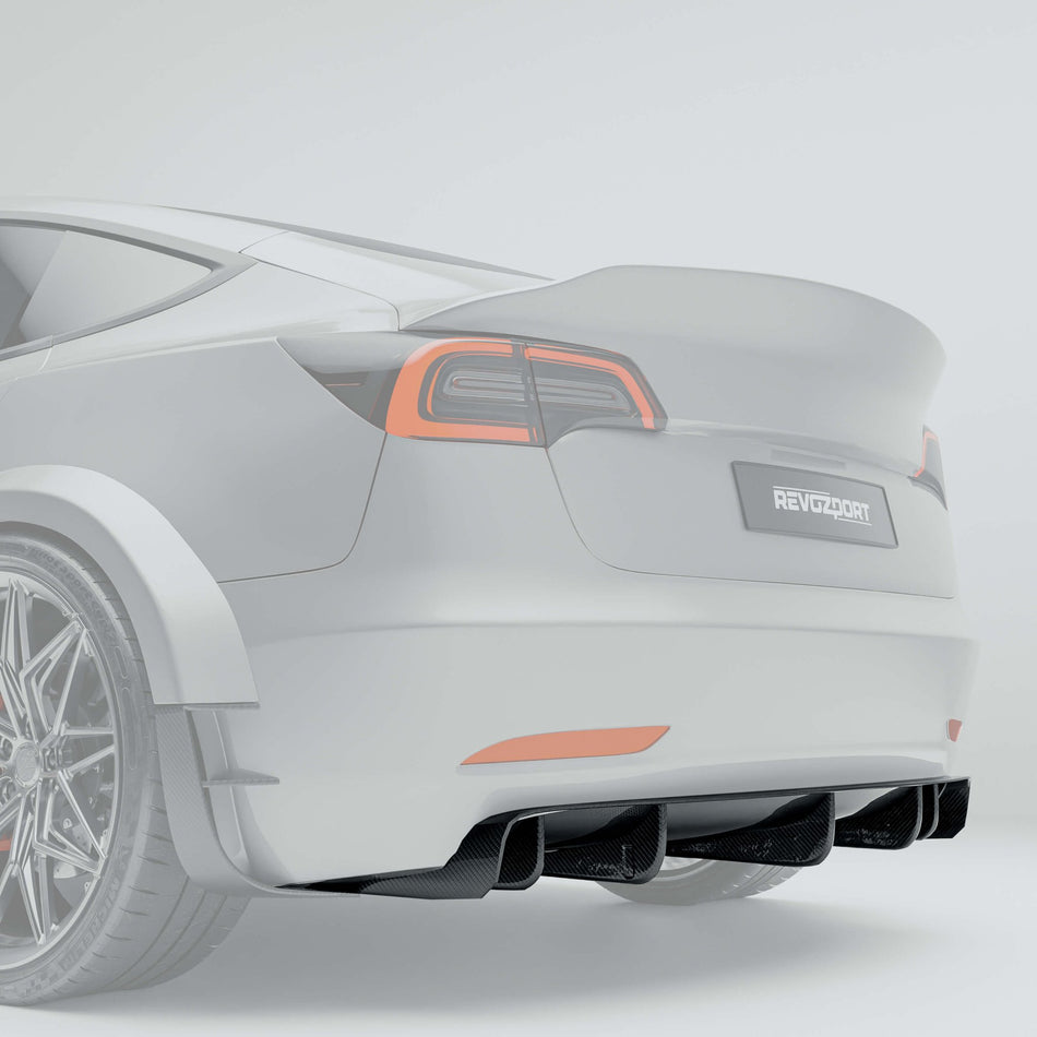 REVOZPORT - TESLA MODEL 3 2017-2023 DRY CARBON FIBER REAR DIFFUSER - Aero Carbon UK