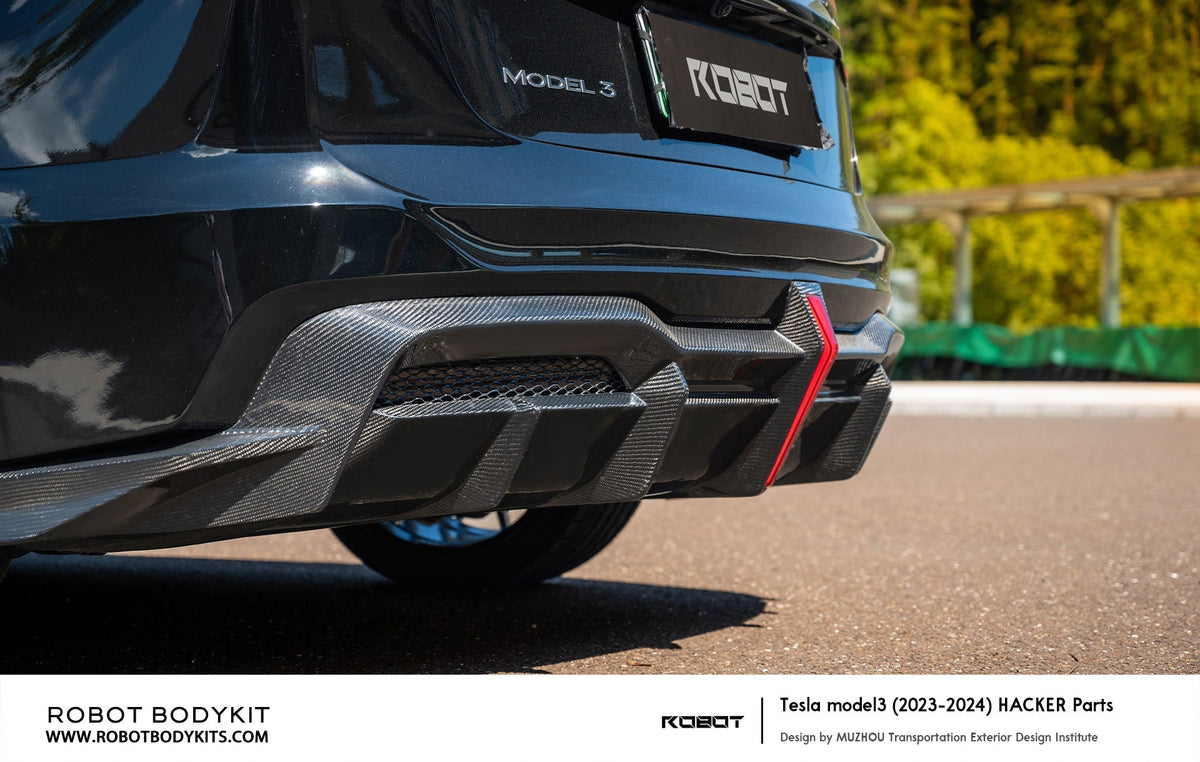 ROBOT - TESLA MODEL 3 HIGHLAND 2024+ FRP / CARBON FIBRE REAR BUMPER AND DIFFUSER "HACKER" STYLE - Aero Carbon UK