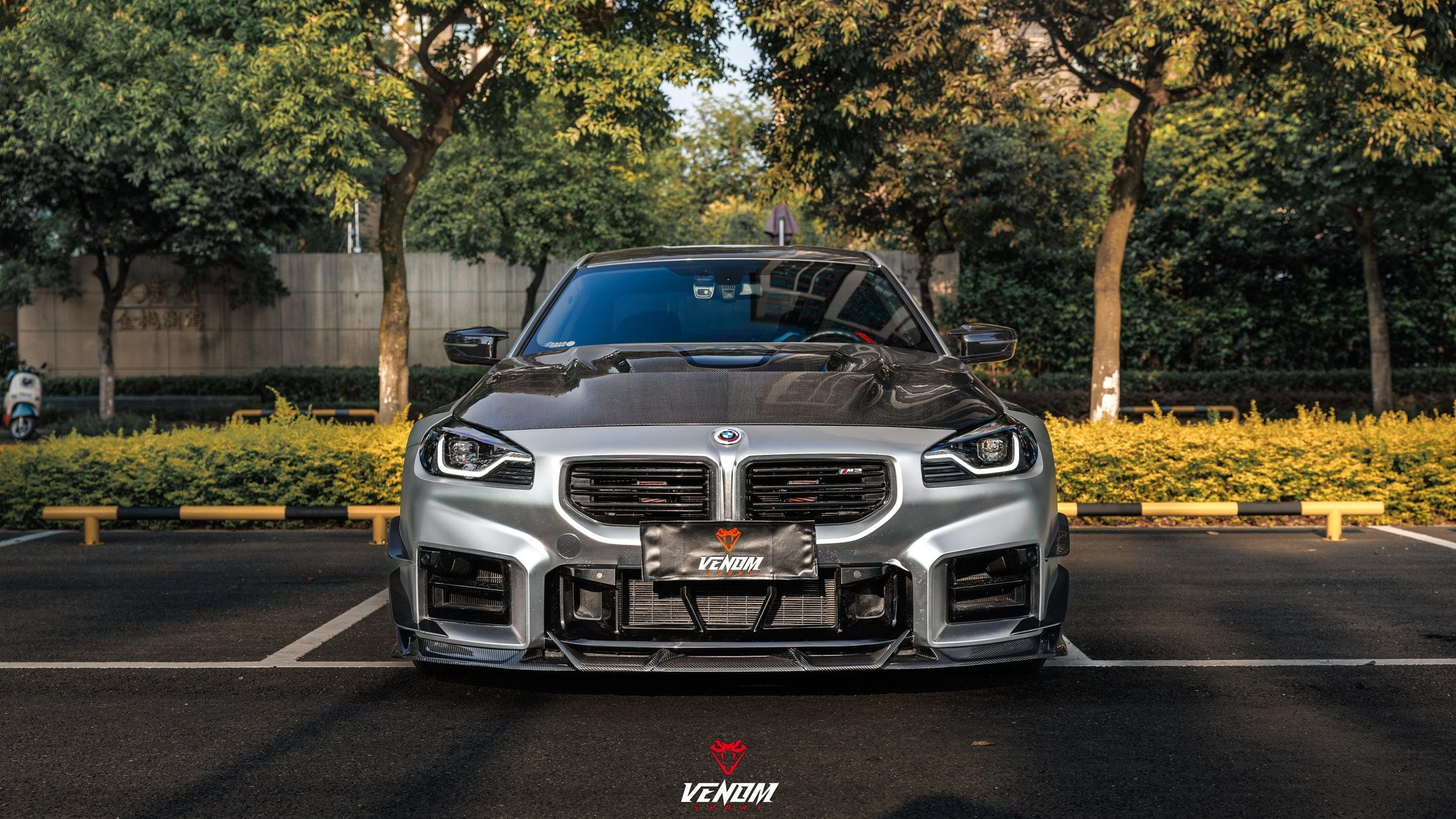 Venom Sport BMW M2 G87 dry carbon fiber front lip fitted, front view