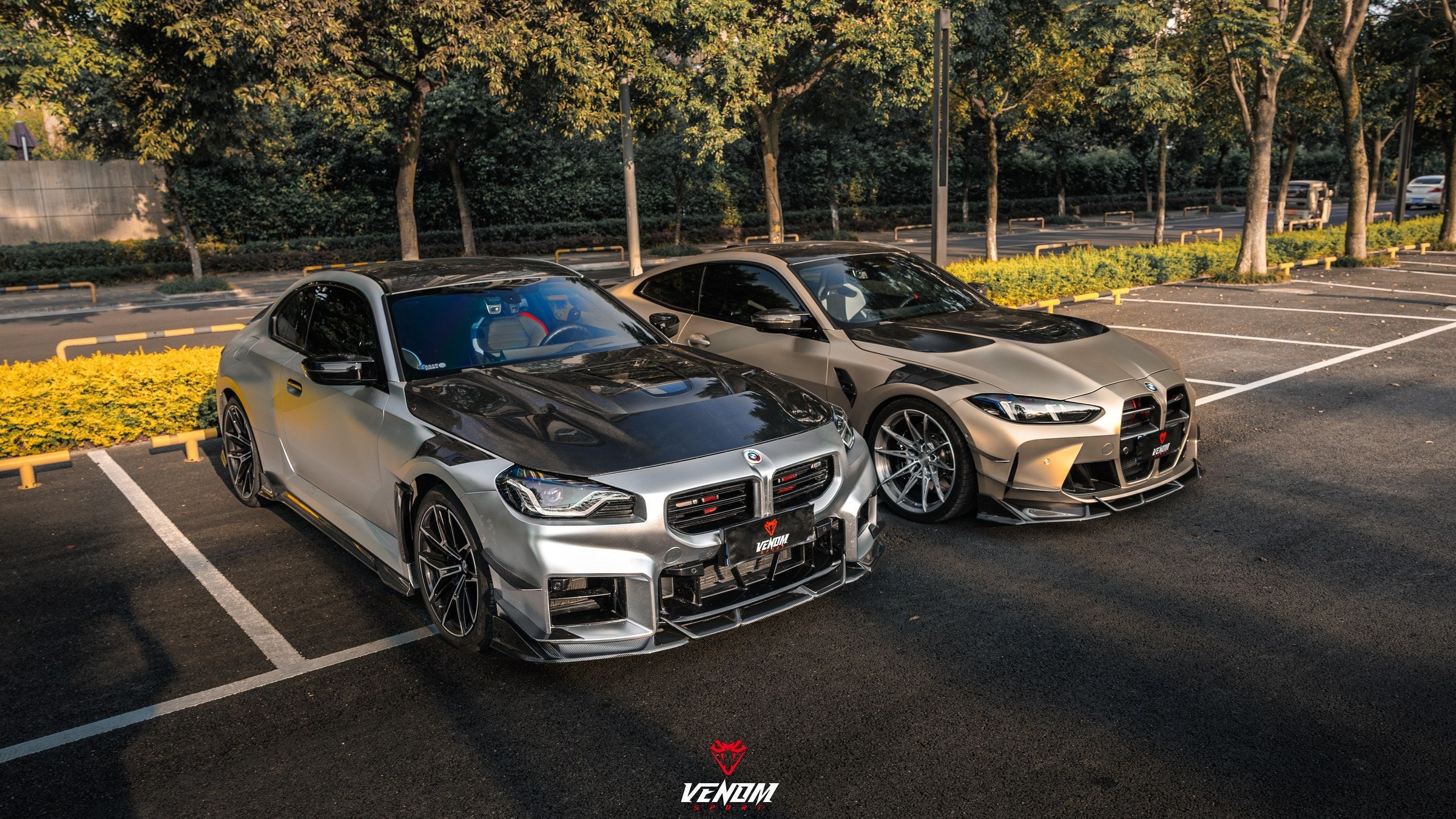 Venom Sport BMW M2 G87 carbon fiber front canards, front three quarter view