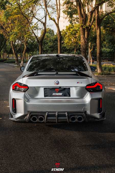 Venom Sport BMW M2 G87 dry carbon fiber rear spoiler fitted, rear view