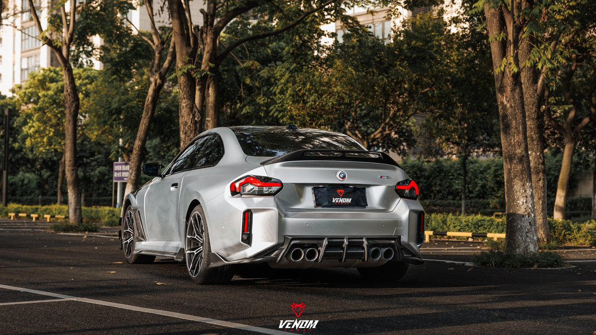 Venom Sport BMW M2 G87 carbon fiber rear spoiler, rear three quarter view