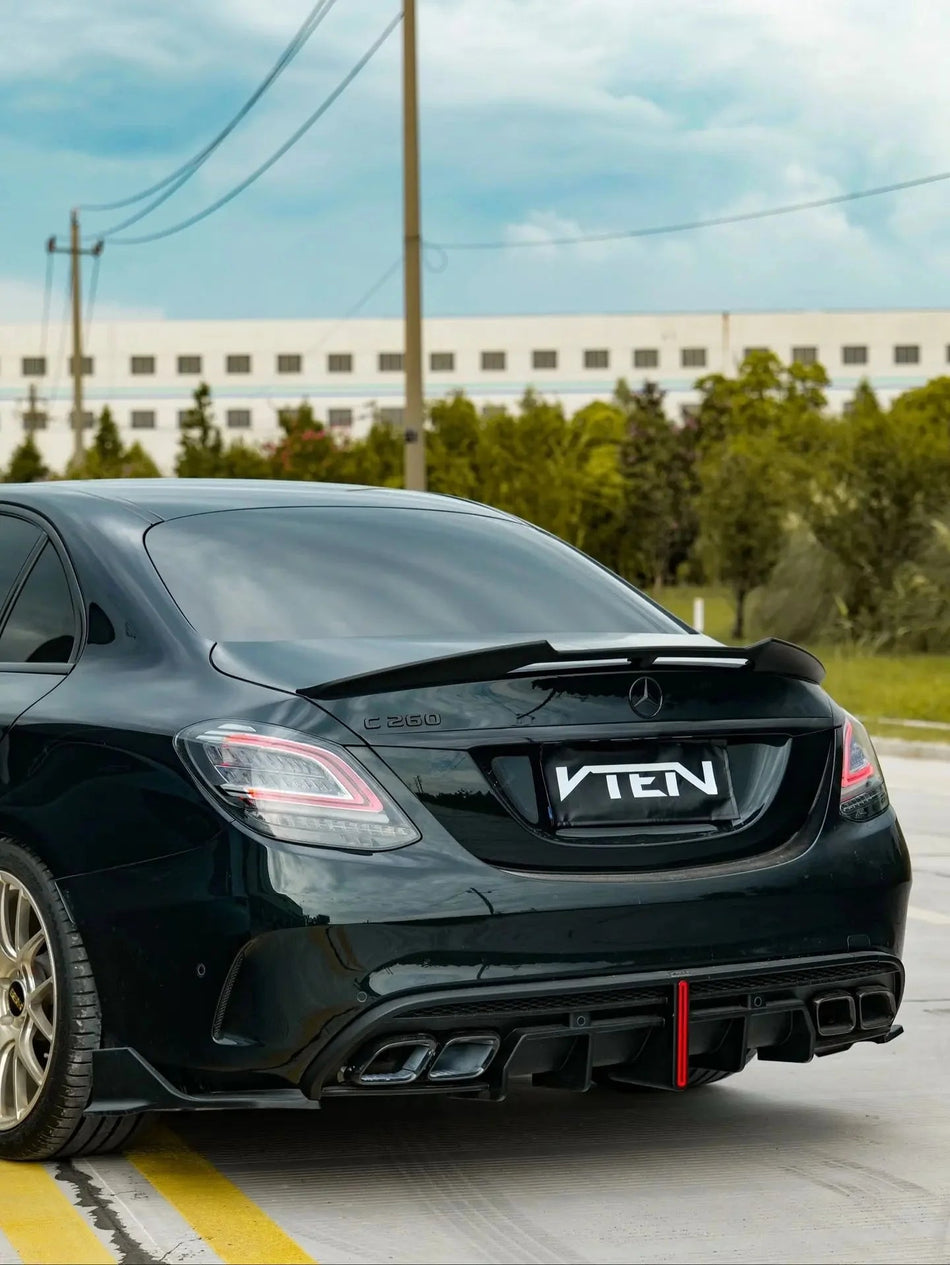 VTEN - MERCEDES BENZ C CLASS W205 SALOON 2019-2021 PP GLOSS BLACK LED REAR DIFFUSER - Aero Carbon UK